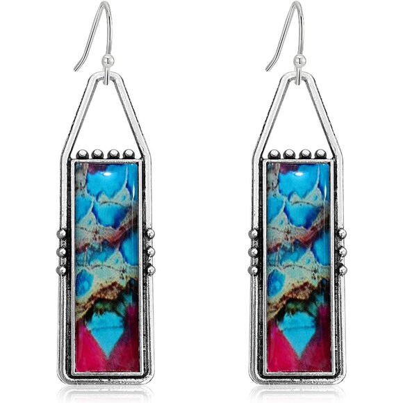 Blue Red Handmade Bohemian Tribal Retro Colorful Square Bar Dangle Earrings - Picture 1 of 6